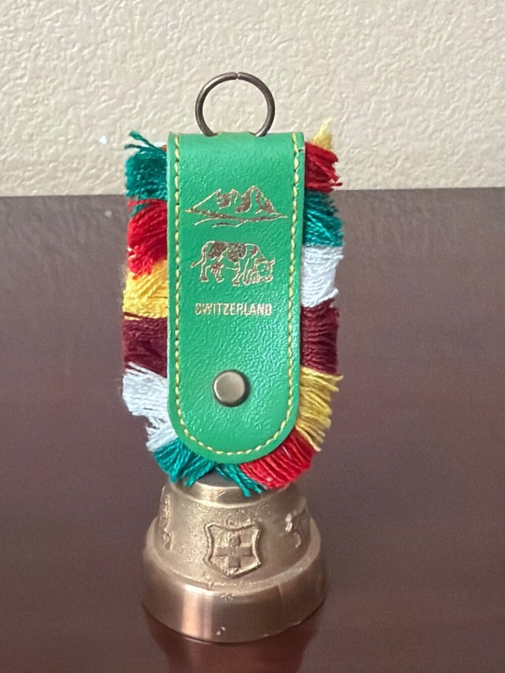 Vintage Switzerland Souvenir Cowbell Brass Tone Mini Bell Woven Strap Decor